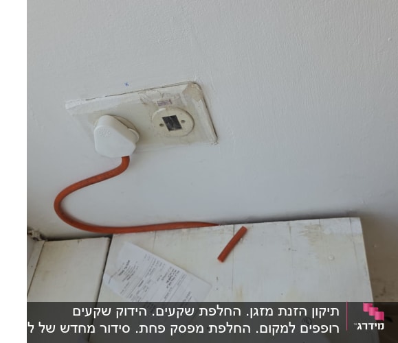 שקע חשמל עם כבל ותמונה של חשבונית על שולחן